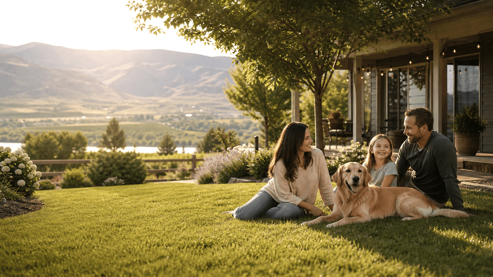 Family and dog enjoying a clean, inviting Pacific Northwest yard