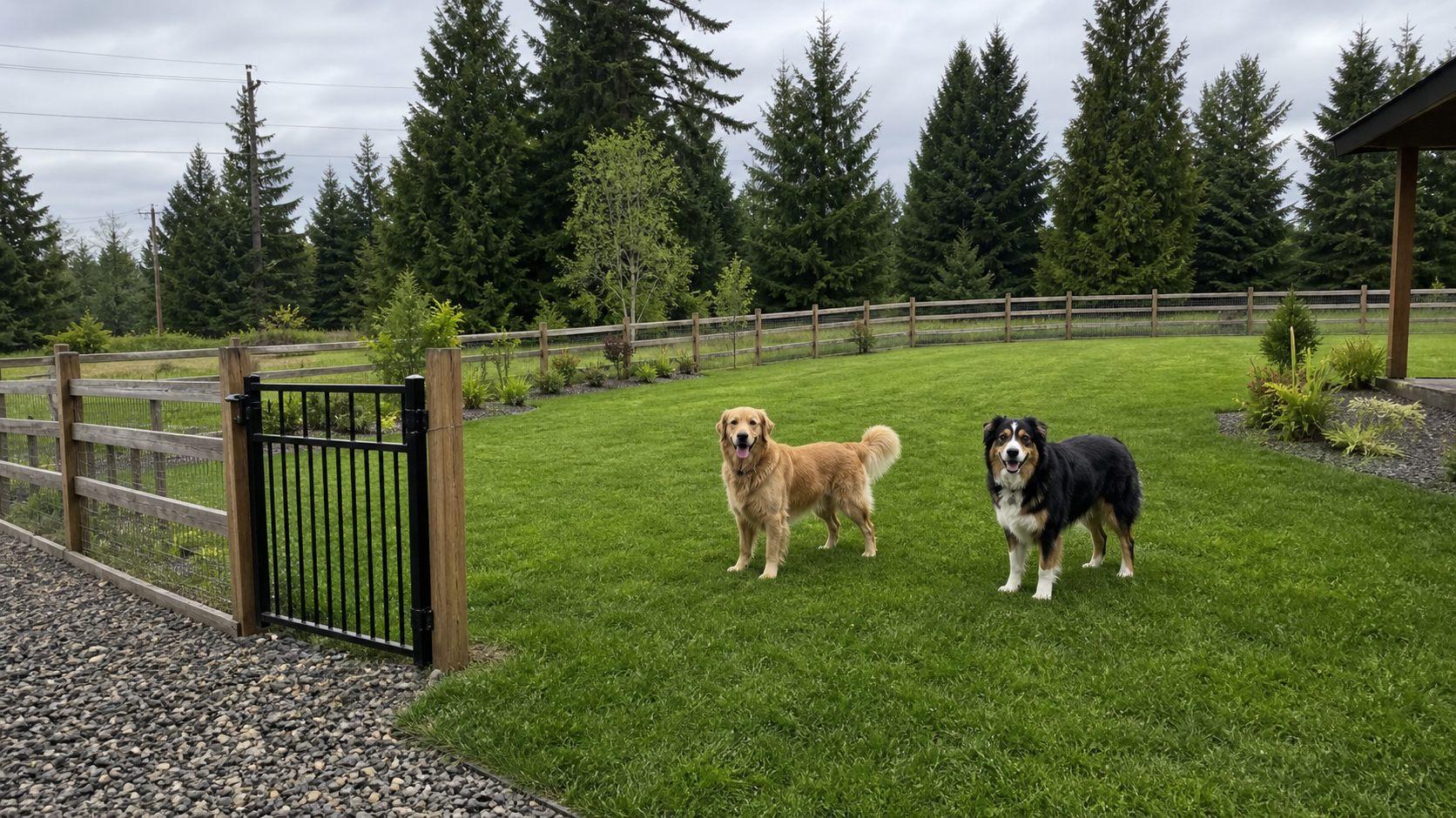 Clean Brush Prairie dog-use yard with grass, gravel path, fence, and a dog