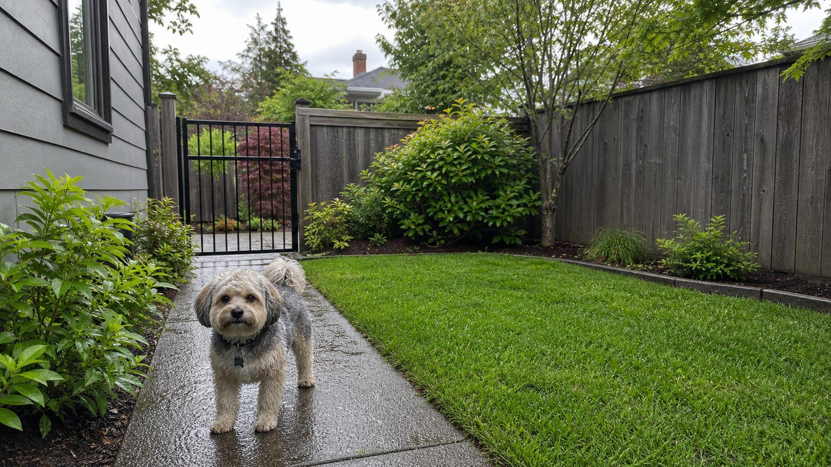 Clean larger Hazel Dell yard with grass, gravel edge, rural fence, dry hills, and a dog