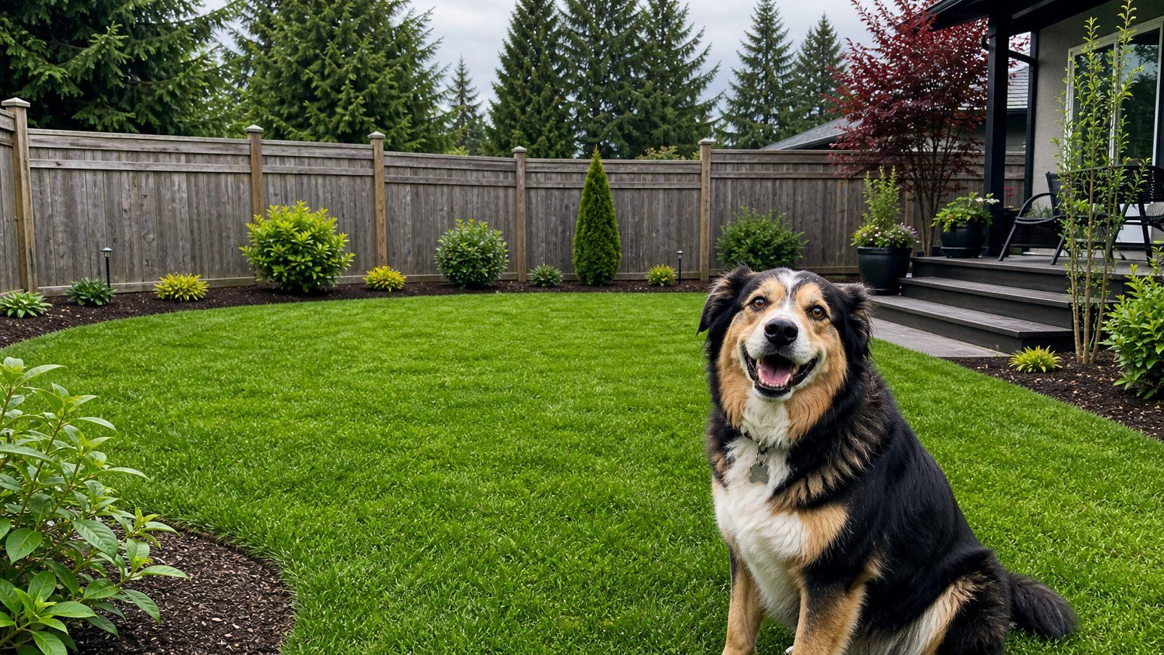 Typical clean Vancouver backyard with grass, gravel edge, foothills, and a family dog