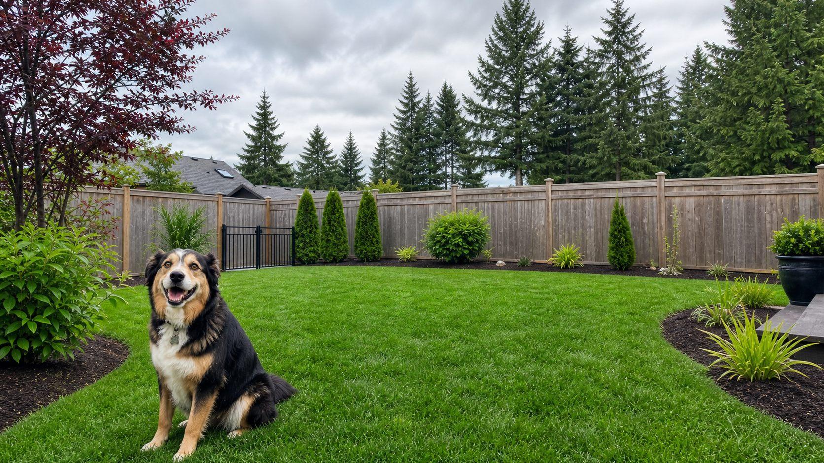 Bright iPhone-style photo of a clean local yard with happy dogs and local foothill scenery