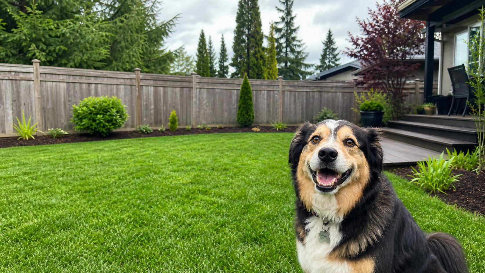 Clean Vancouver side yard with grass, gravel strip, wood gate, and a dog