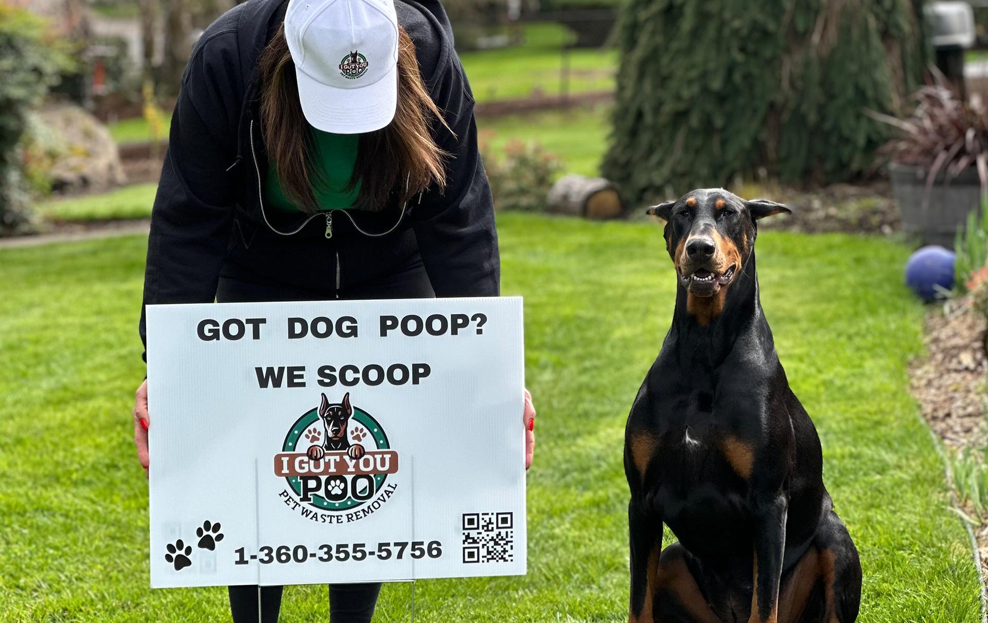 Pet waste pickup signs for dog yard cleanup service